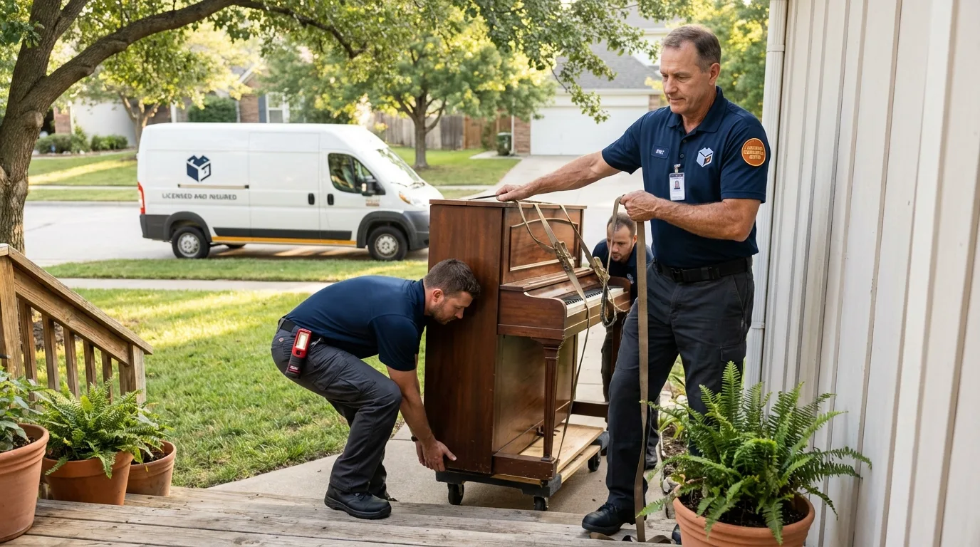 Licensed piano movers securing grand piano in Leesburg, GA