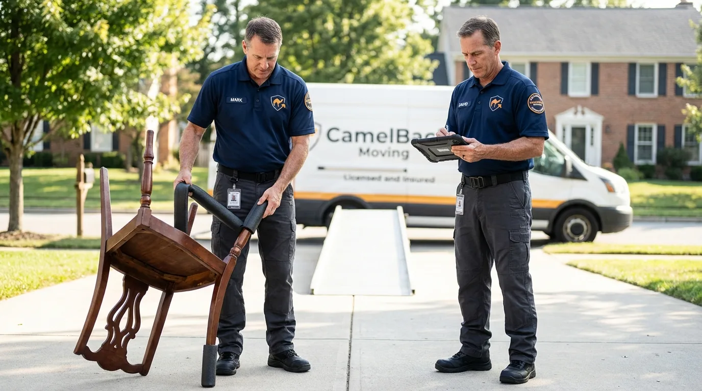 Movers inspecting furniture for damage prevention before loading in Leesburg, GA