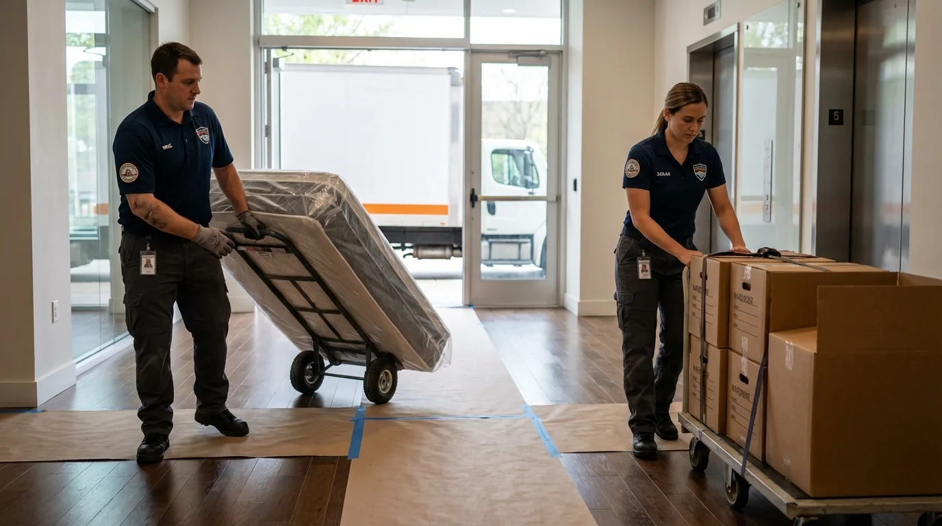 Professional apartment movers loading elevator in Leesburg, GA